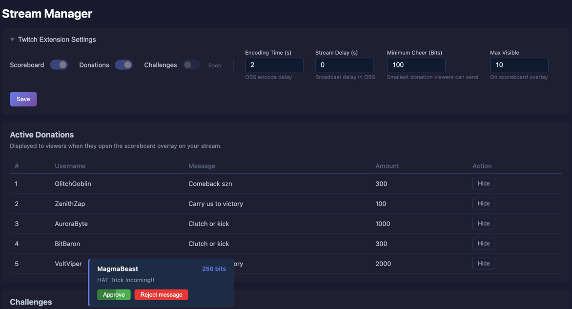HypeDrive Stream Manager with an incoming Hype Drop message showing Approve and Reject message buttons
