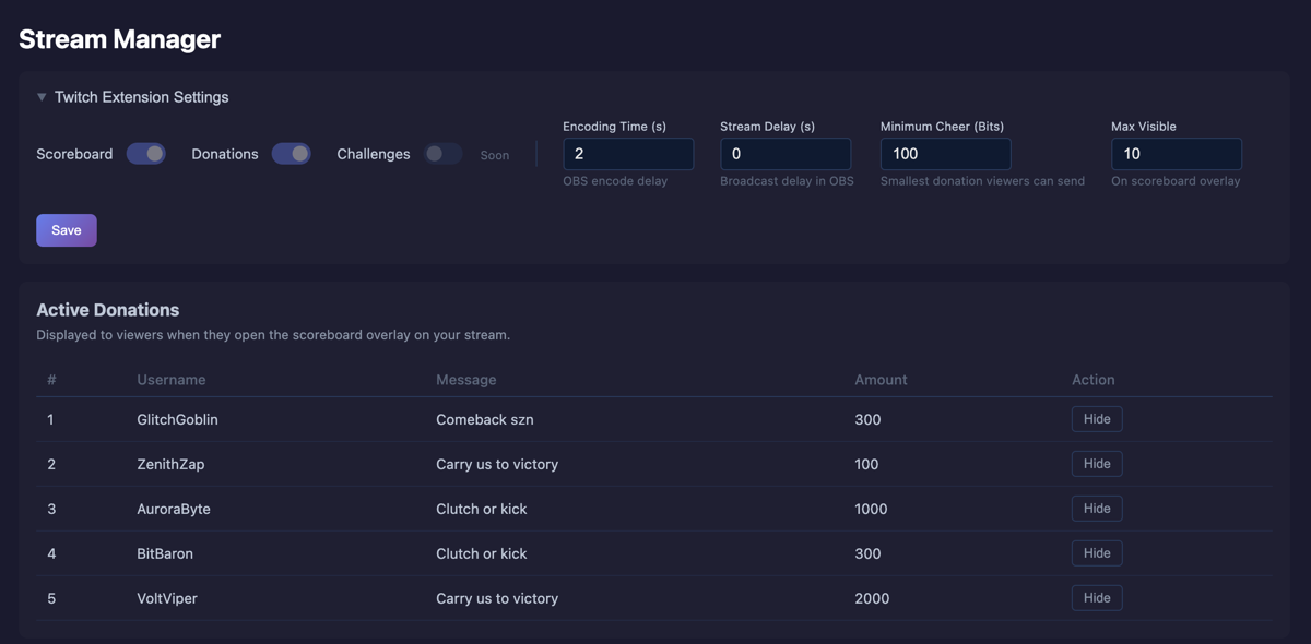 HypeDrive desktop app Stream Manager - Twitch Extension settings with toggles for Scoreboard, Hype Drops and Challenges plus fields for encoding time, stream delay, minimum Hype Drop amount and max visible