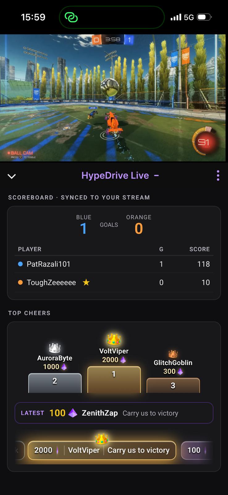 HypeDrive on the Twitch mobile app - scoreboard, top Hype Drops podium, latest participant, and a Launch a Hype Drop button in a phone-sized panel